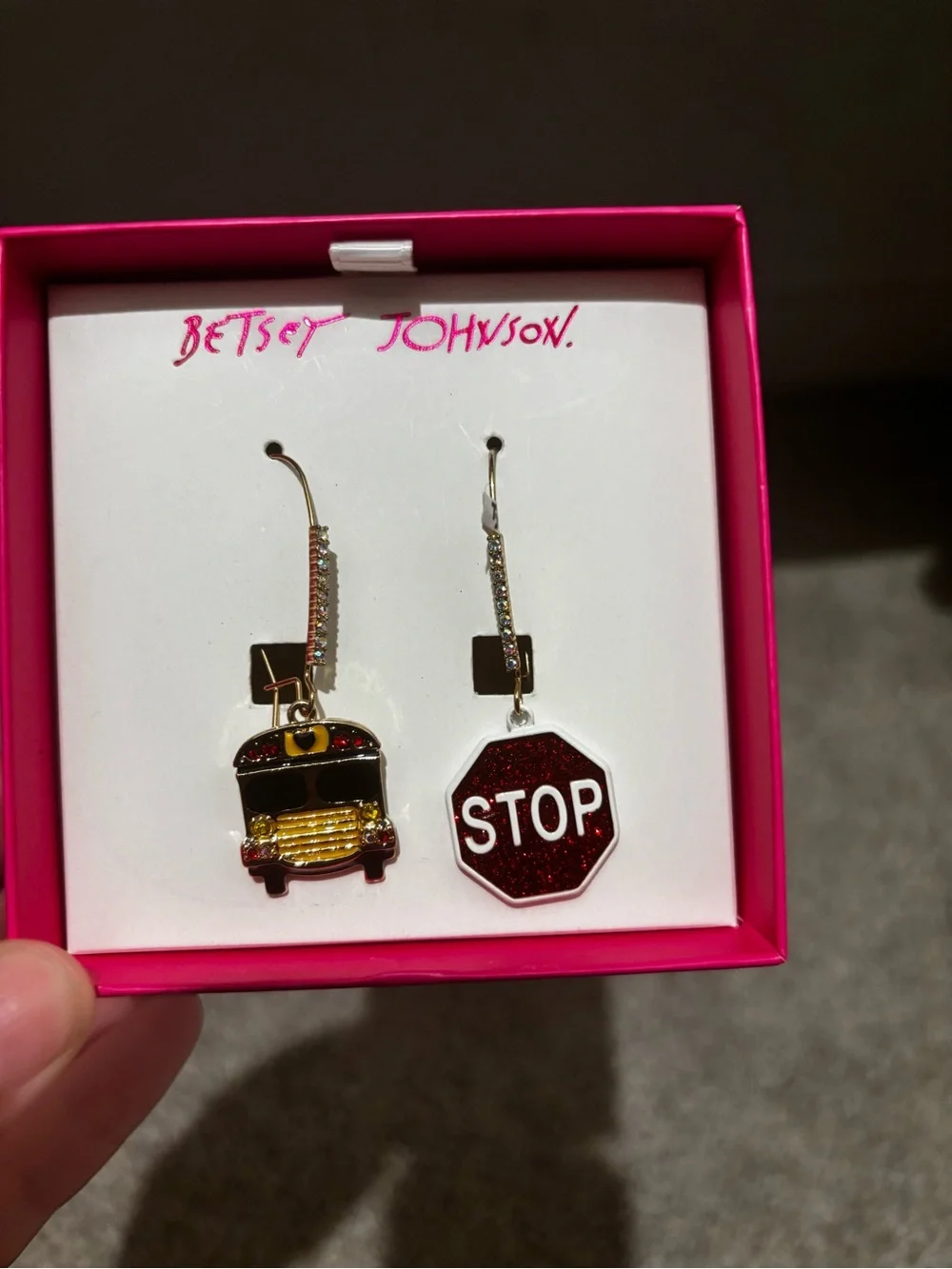 Betsey Johnson Red Glitter Stop Sign & School Bus Dangle Earrings